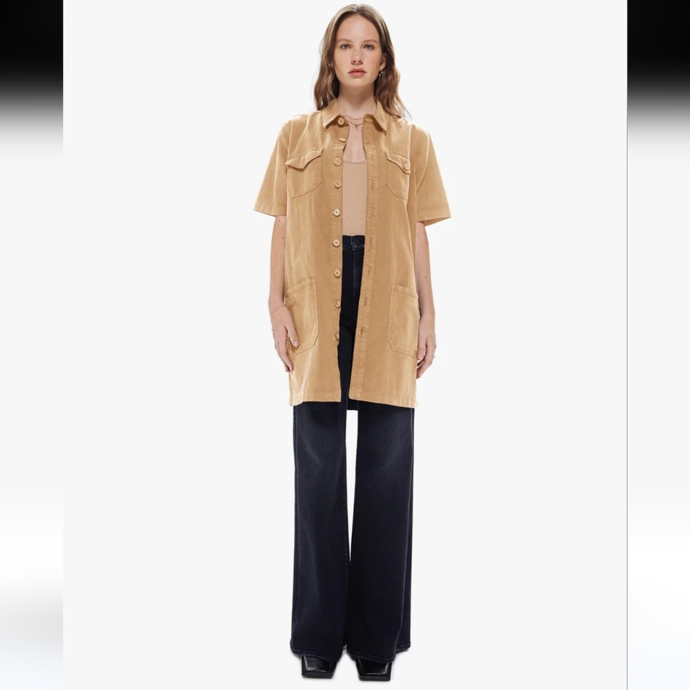 Mother The Wrapped Up Mini Shirt Dress Short Sleeve Tan Wash Size M